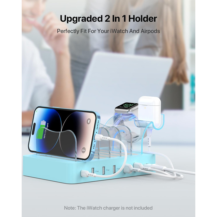 Зарядна станція SooPii USB 60W/12A, 6 портів, органайзер для декількох пристроїв з тримачем для Apple Watch, 6 кабелів (синій)