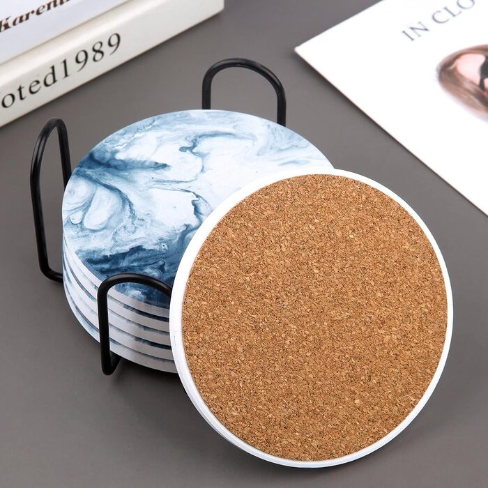 Fun coasters for drinks, marble-style, absorbent ceramic coasters with metal stand, housewarming gifts, decor set of 6, with cork base for wood table
