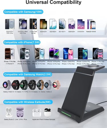 Зарядний пристрій NANAMI 3-в-1 для Samsung Galaxy Watch, Buds та смартфонів S25, S24, S23, Z Flip, Z Fold (чорний)