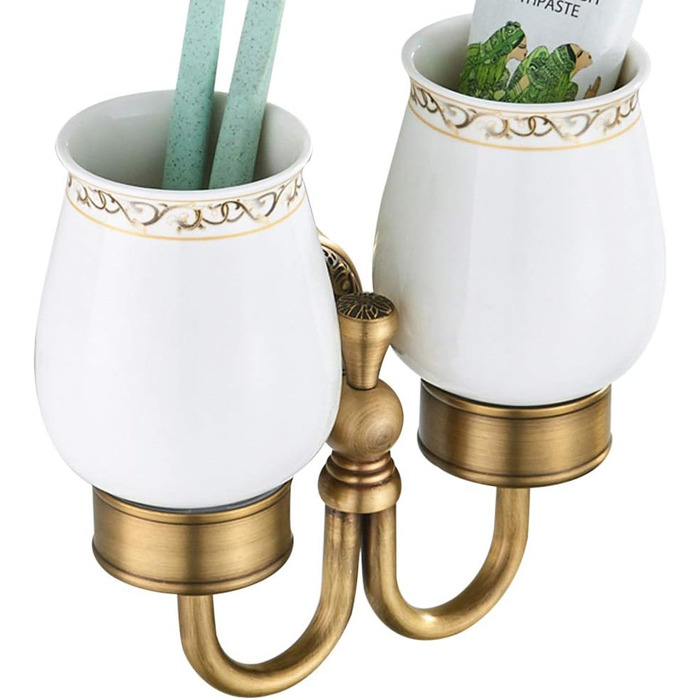 Home Antike Toothbrush Holder, Brass Tooth Cup Holder, Retro Classic Solid Copper Toothbrush Holder and Ceramic Glass Shape Double Toothbrush Holder