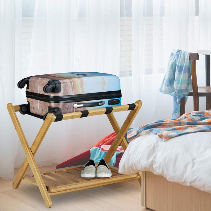 Relaxdays Bamboo Suitcase Stand, Folding, for Suitcases & Travel Bags, 2 Shelves, Luggage Rack, HBT 53 x 68 x 47 cm, Natural, 1 Piece