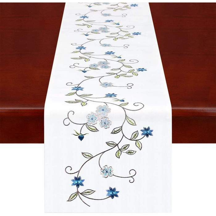Simhomsen Double Thick Table Runner, Rustic, Embroidered, Floral Pattern, for Spring and Summer, Chest of Drawers, Scarf, Blue, 35.6 x 89.9 cm
