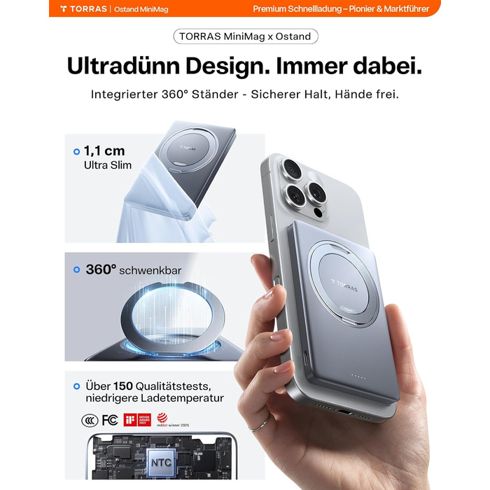 Power Bank TORRAS MiniMag Ultra Slim з MagSafe, 360° підставка, 18W, 5000mAh, магнітне кріплення, сірий титан. Сумісний з iPhone 17 Pro Max/Air/16/15/14/13/12