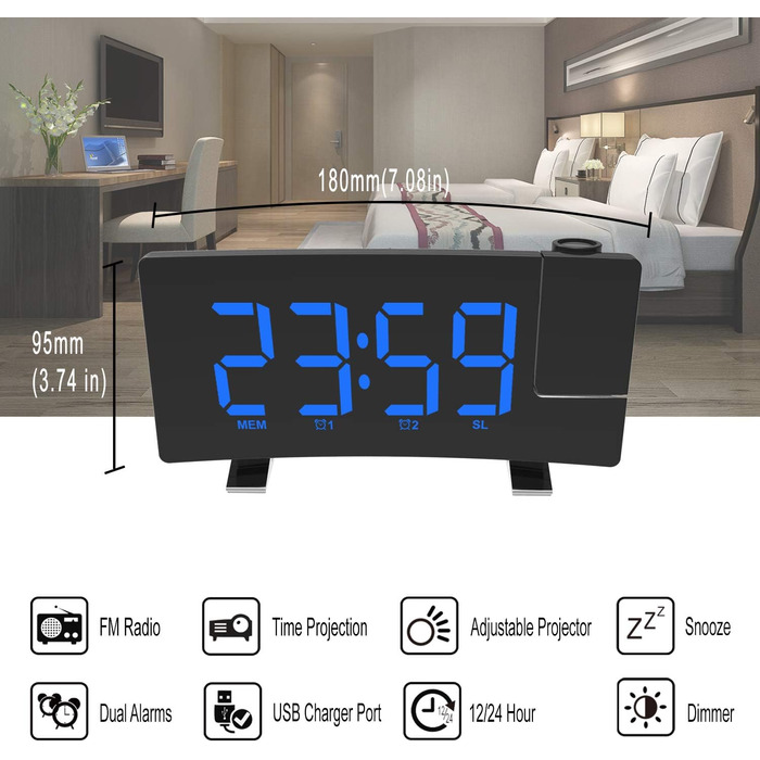 VORRINC Projection Alarm Clock, Digital Alarm Radio with 180° Projection, USB Port, Dual Alarms, Snooze, 12/24H, 3 Projection Brightness with Automatic Dimmer, for Bedroom Ceiling (Blue)