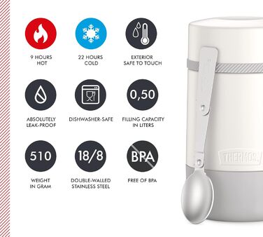 Thermos GUARDIAN FOOD JAR 0.50 l, snow white, Food container 500 ml white, stainless steel, with spoon, Bonus Bowl for muesli, toppings, absolutely leak-proof, leak-proof 500 ml with spoon Snow White Mat