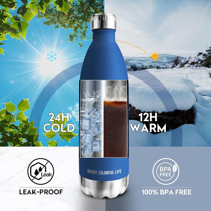 Термос KollyKolla з нержавіючої сталі 500мл/750мл/1л, термокружка, пляшка для води, спортивна, для дітей, без BPA, для школи, фітнесу, подорожей, кемпінгу (1000 мл, нова, темно-синій)