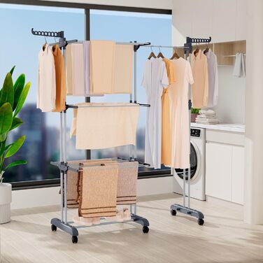 Сушарка для білизни Oak & Tea Tower, 83-200 см, з висувними крилами, XXL, 4 яруси, на коліщатках, для дому та вулиці, сіра