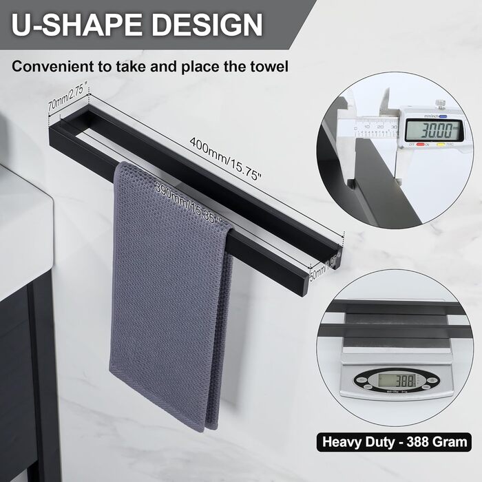 Тримач для рушників SAYAYO без свердління, самоклеючий, нержавіюча сталь, 40 см, чорний (EGOY23030-3M-300-B)