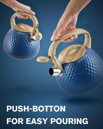 Чайник для заварювання Teekessel 2,7 л з емальованим покриттям, зелений, з імітацією дерева, з носиком, з нержавіючої сталі, антижаростійка ручка, оливковий/темно-синій