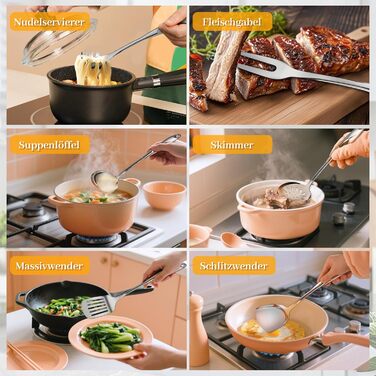 Набір кухонного інвентарю Hunnycook (6 шт.): нержавіюча сталь, мірна ложка, шумівка, лопатка, шумовка з отворами, ложка для спагеті, виделка для м'яса. Можна мити в посудомийній машині.
