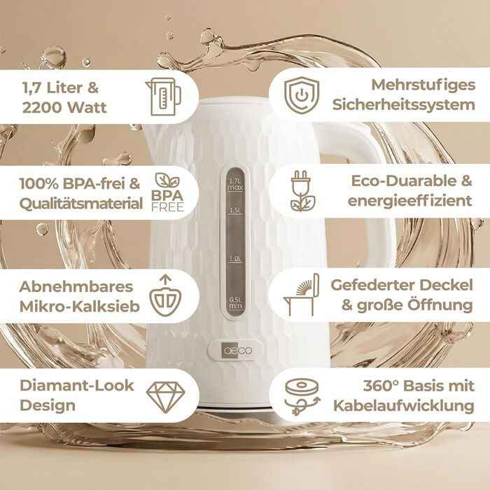 Електричний чайник Aeco AQA NEO з нержавіючої сталі, 1.7 л, 2150 Вт, без BPA, фільтр від накипу, бездротовий, CoolTouch, шампань сріблястий