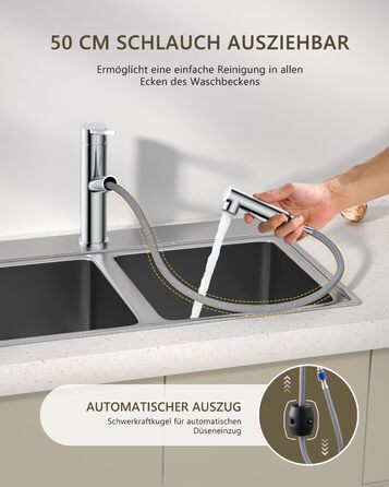 Змішувач кухонний DAYONE з висувною лійкою, нержавіюча сталь, 3 режими, 360° обертання, для кухонної мийки (15 см), матовий (хром, низький вигин-337)