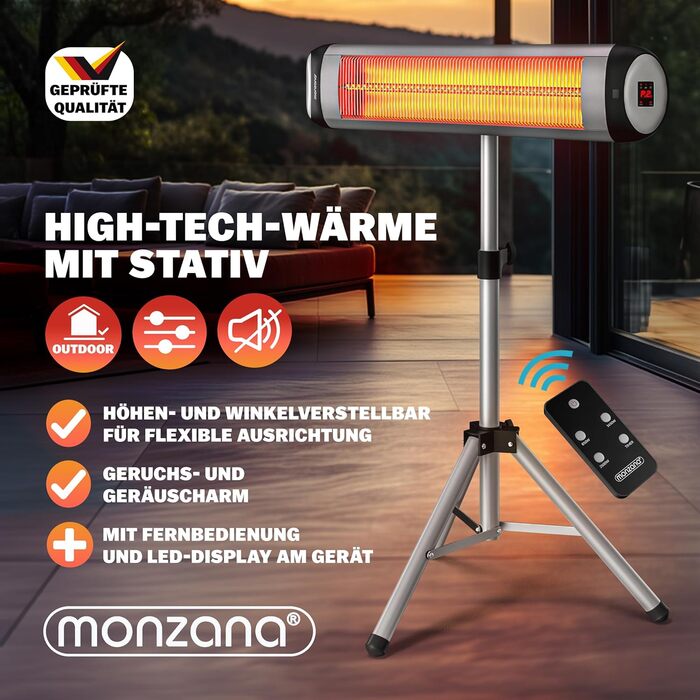 Інфрачервовий обігрівач MONZANA® MZH2501 з таймером, 2500W, 3 режими, 24 год, пульт ДУ, кут нахилу 90°, електричний, для тераси (сріблястий, з телескопічним штативом)