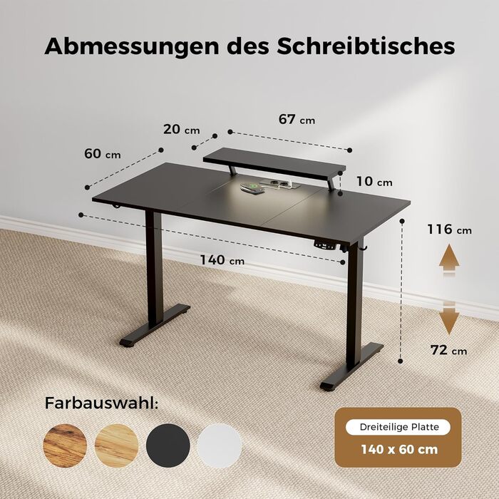 Електричний регульований стіл Agilestic з підсвічуванням, USB-портом та рухомим кріпленням для монітора, 140 x 60 см (Чорний)