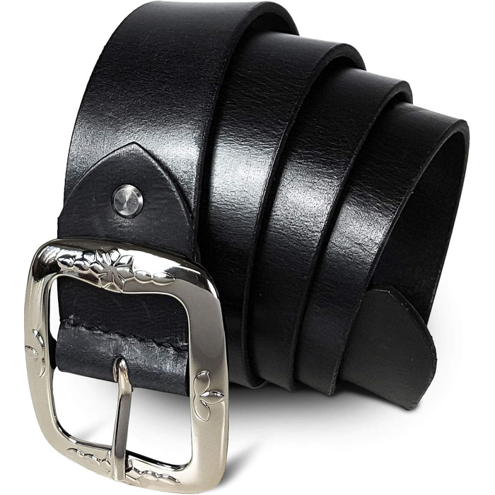 Жіночий шкіряний ремінь ROYALZ Vintage з буйволової шкіри 38 мм, чорний з квітковою пряжкою, регульований (115 см)