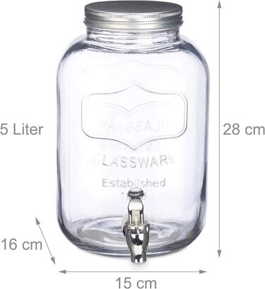 Диспенсер для напоїв Relaxdays 5 л, скло, кран, ретро, для кафе/ресторану, вінтажний, для вечірок на подвір'ї, прозорий