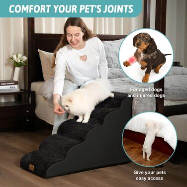 Сходинки для собак маленьких порід, сходи для домашніх тварин на диван з високощільним губкою, сходи для собак з миючим покриттям та неслизьким дном (3), чорний колір, 5 сходинок (40x84x57 см)