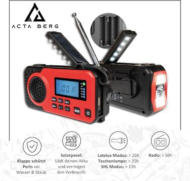 Радіо Acta Berg з ручним приводом | Радіо на батареї 5000 mAh | Сонячне радіо з приймачем світу | Радіо з ручним приводом для надзвичайних ситуацій | Ліхтар та зарядний пристрій, AM/FM/SW, з USB (червоне)