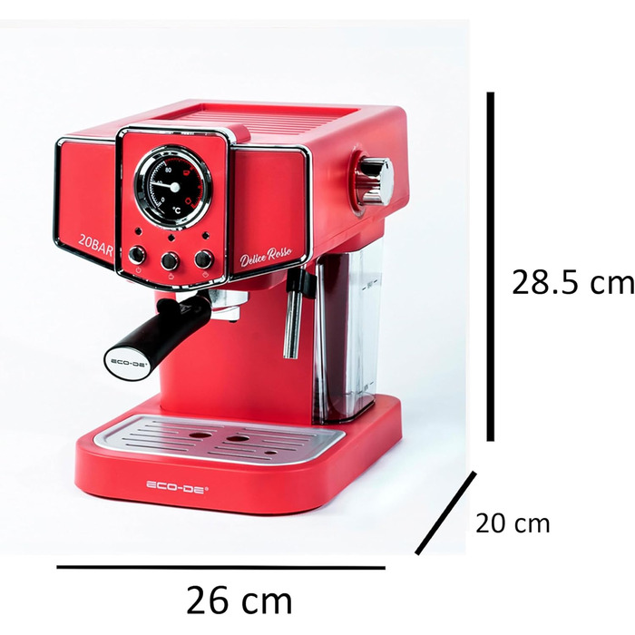 ECODE® Espresso Machine Delice Black, 20 Bar Pressure, Swivel Vaporizer - Machine with 1.5 L Tank, Milk Frother, Single/Double Dosing, Manometer with Temperature - Coffee Machine (Rosso)