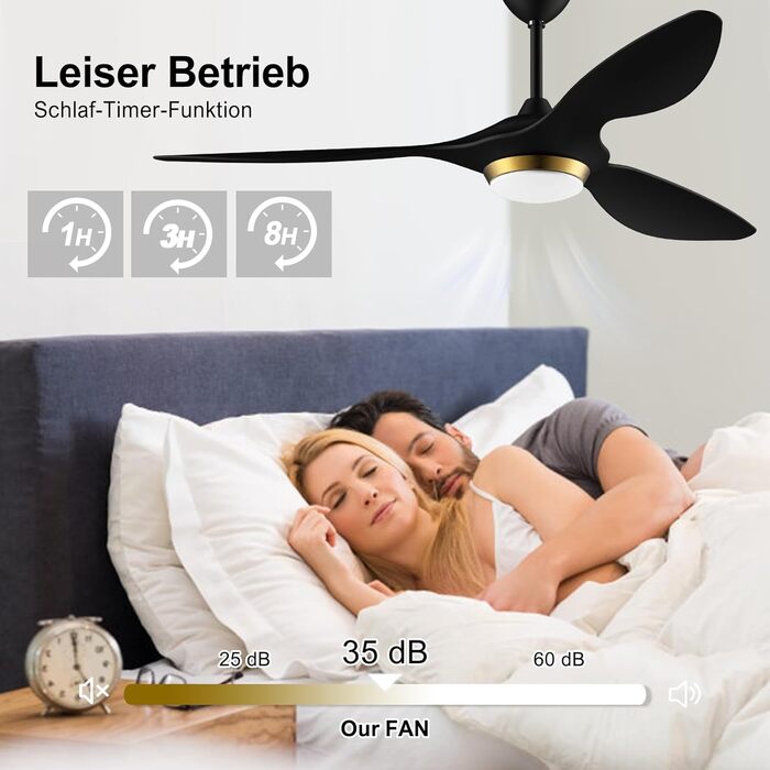 Стеляний вентилятор Reiga з підсвічуванням та пультом керування, 132 см, тихий реверсивний двигун, 6 швидкостей, таймер, регулювання яскравості та 3 колірні температури, коричневі лопаті (чорно-золотий колір)