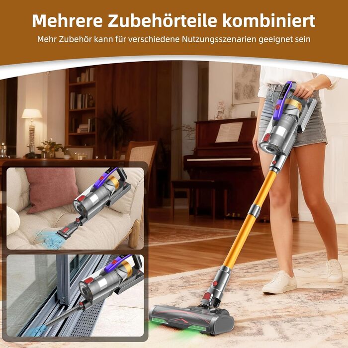 Бездротовий акумуляторний пилосос 58000Pa/550W з LED-дисплеєм та антизаплутувальною насадкою, об'єм 1.8L, для видалення шерсті тварин, килимів, твердих поверхонь та авто, колір золотий