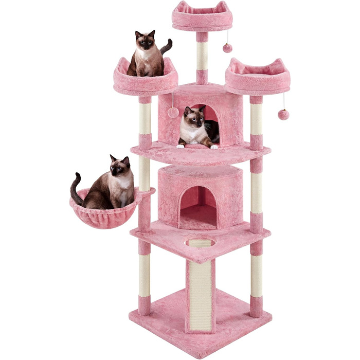 Кігтеточка-комплекс Yaheetech для котів 174 см з 3 платформами, ігровий будиночок, рожевий