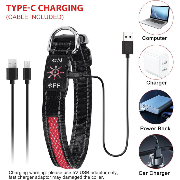 Світловідбиваючий нашийник для собак AUAUY LED, USB-зарядка, водонепроникний, регульований, безпечний, 6 кольорів (-S), S(11.8-15.7'/30-40 cm) (Червоний)