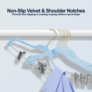 Набір вішалок для одягу Stormix 24 шт. з кліпсами, 42 см, для штанів, спідниць, суконь, курток, пальто (рожево-золоті гачки)