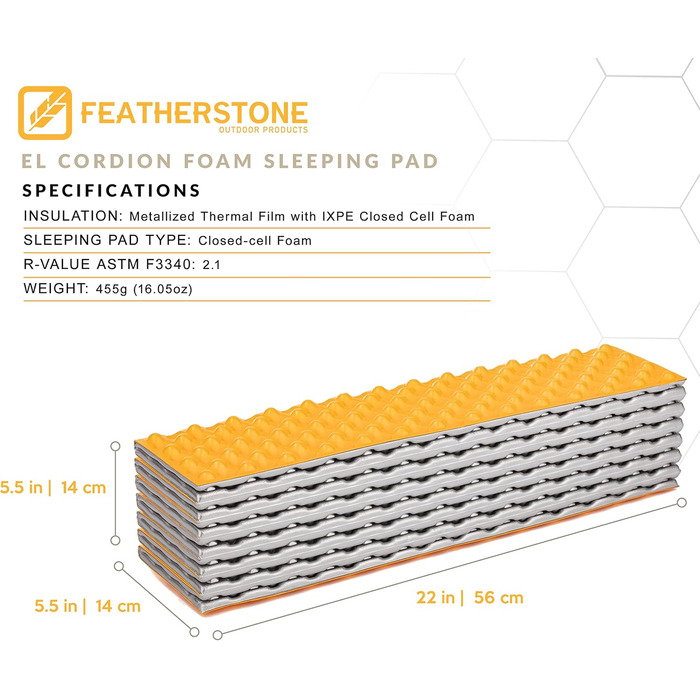 Ізоляційний туристичний килимок Featherstone Outdoor EL Cordion R-Value 2.1 із закритопористого піноматеріалу для ультралегких походів, кемпінгу та туризму