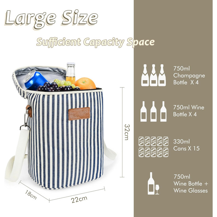 Kato Tirrinia Insulated Wine Cooler Bag, 4 Bottle Cooler Bag Wine Bag Beverage Bags with Handle and Adjustable Shoulder Strap, Gift for Wine Lovers for Picnic, Party, Beach (Cooler Bag 4 Bottles - Stripes)