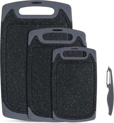 Набір з 3-х обробних дощок SKERITO з антиковзкими ручками, з жолобками для соку, чорного кольору, BPA Free