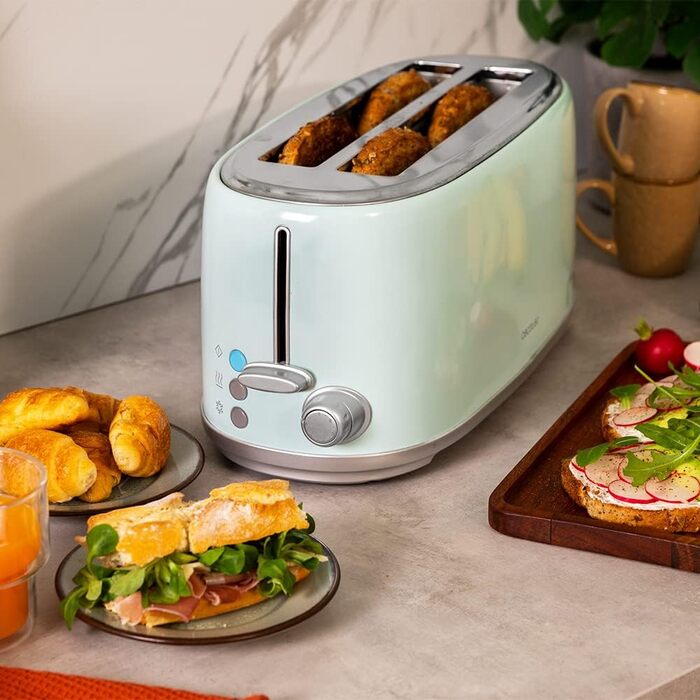 Тостер Cecotec Toaster 2 Scheiben Toast&Taste 1000 Retro Double: 980 Вт, нержавіюча сталь, 2 слоти, регулювання потужності, піддон для крихт (Blue)