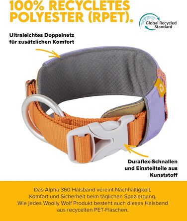 Нашийник для собак середнього розміру Woolly Wolf Alpha 360, колір Гляцієрово-зелений - екологічний, світловідбиваючий, для підвищеної безпеки при поганій видимості (L)