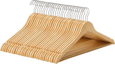 SONGMICS Wooden Clothes Hangers, 30-Piece Set, Solid Wood Hangers, Shoulder Indentations, Non-Slip Trouser Bar, 360° Swivel Hook, for Suits, Shirts, Natural Wood-Silver, CRW031NL