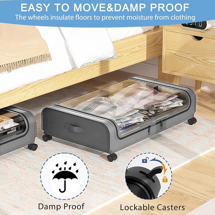 Коробка для зберігання під ліжком 2 шт. з кришкою, 48L, металевий каркас, органайзер для одягу, взуття, ковдр, постільної білизни, сірий колір