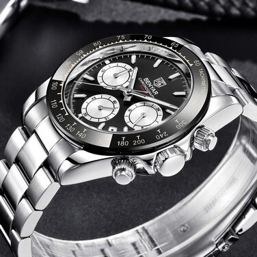 Чоловічий годинник BENYAR з кварцовим механізмом, аналоговий хронограф, бізнес-стиль, водонепроникний, з нержавіючої сталі, для відпочинку та спорту (чорний та білий)