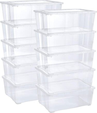 Storage boxes 10 x 10 L with lid transparent - Clear stacking boxes with ventilation