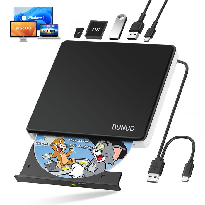 Зовнішній DVD-привід BUNUD USB 3.0: CD/DVD гравір та плеєр з картридером SD/TF для Windows 11, Mac, MacBook Pro Air, PC, ноутбука, чорно-білий