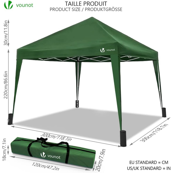 VOUNOT® Folding Pavilion 3x3m, with 4 Sandbags, Pop-Up Folding Pavilion, UV Protection 50+, (Green)