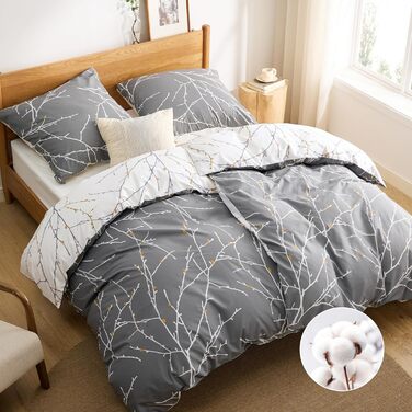 BEDSURE Комплект постільної білизни 135x200, бавовна, 4-х частинний, сірий/бежевий/помаранчевий. Комплект постільної білизни з ковдрою та двома наволочками 80x80 см, з принтом гілок, на блискавці, ÖKO-TEX, комплект постільної білизни