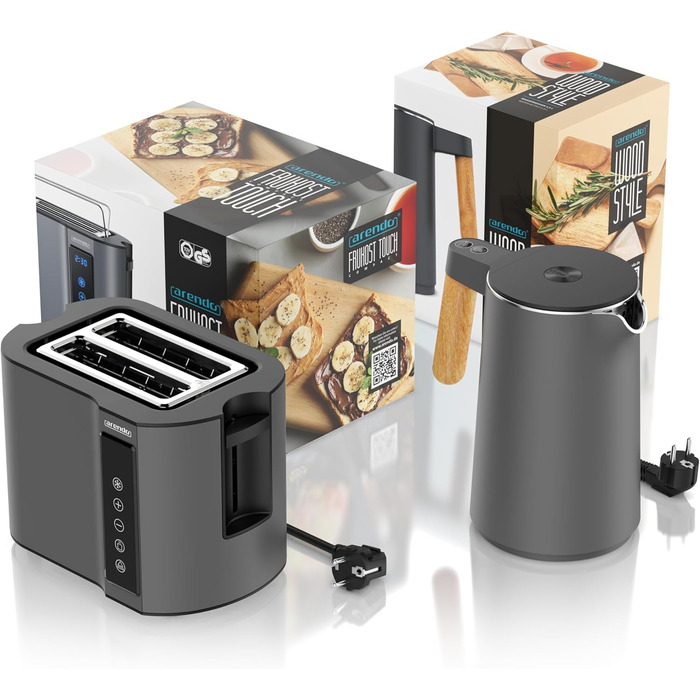 Набір Arendo: Електричний чайник з регулюванням температури та тостер з сенсорним дисплеєм (2 слоти) - нержавіюча сталь, сірий