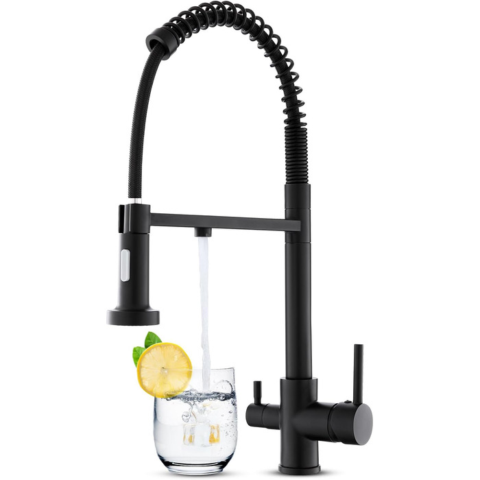 3-х стороння кухонна змішувач з поворотним гусаком 360°, 2 функції (з душем), 3 в 1, для фільтрів, з нержавіючої сталі та латуні, чорний