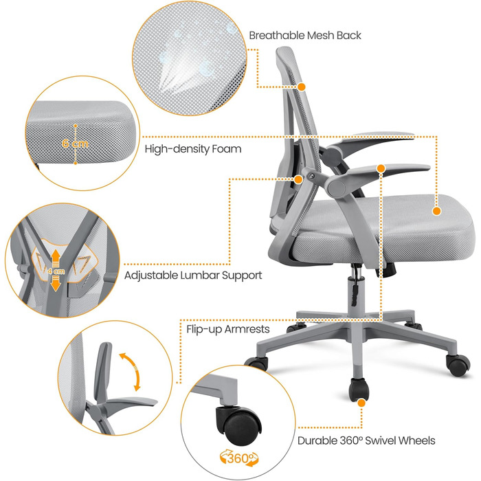 Офісне крісло Yaheetech з підйомними підлокітниками, сітчасте, ергономічне, з регулюванням поперекової підтримки, функцією гойдання та регулюванням висоти, сіре
