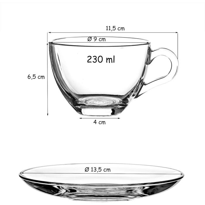 Pasabahce Basic: 6 чашок з 6 підставками для чаю, кави, капучино (прозорі)
