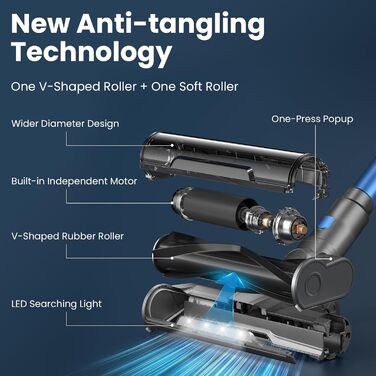 Акумуляторний пилосос Dzaki, 45KPa, бездротовий, без мішка, з дисплеєм, антизаплутувальна щітка, 55 хв роботи, знімний акумулятор, для твердих поверхонь, шерсті тварин, килимів, авто, блакитний