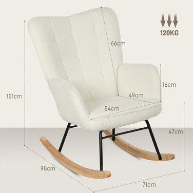 HOMCOM Rocking Chair, Rocking Armchair with Berber Fleece Look, Armrests, Padded Armchair with Wooden Runners, Reclining Chair for Living Room, Bedroom, Holds up to 120kg, White | Aosom