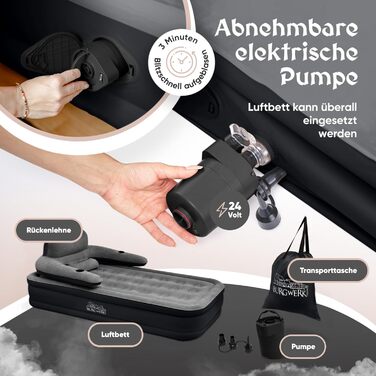 Надувне ліжко 3-в-1 | Гостьове та кемпінгове ліжко | Надувна матрац з електропомпою 150x200 | Самостійно надувна повітряна матрац (1 особа, Чорний/Антрацит)