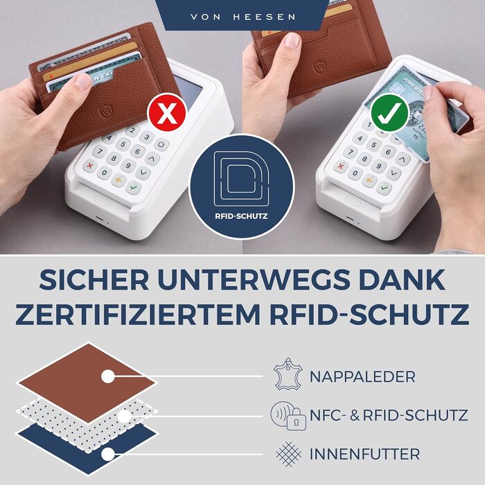 Шкіряний картхолдер VON HEESEN з RFID-захистом, портмоне для кредитних карток з наппа-шкіри, 9 відділень, унісекс (коньячний коричневий)