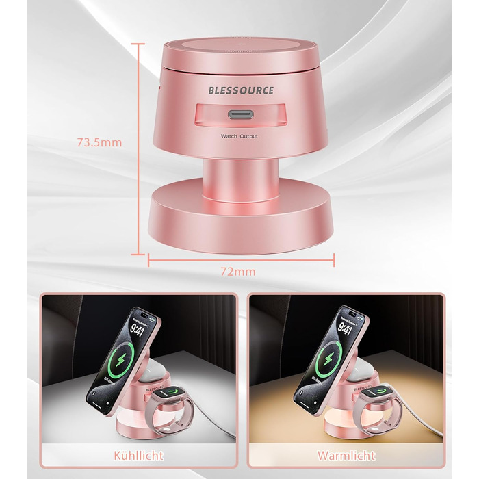 Бездротова зарядка 4-в-1 для iPhone 17/16/15/14 Pro Max з нічним світлом, сумісна з Apple Watch та AirPods, рожева