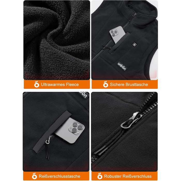 UNBON Грівальна жилетка для чоловіків, флісова жилетка з підігрівом, Powerbank 10000mAh, USB, 3 режими нагріву, 6 зон нагріву, чорний